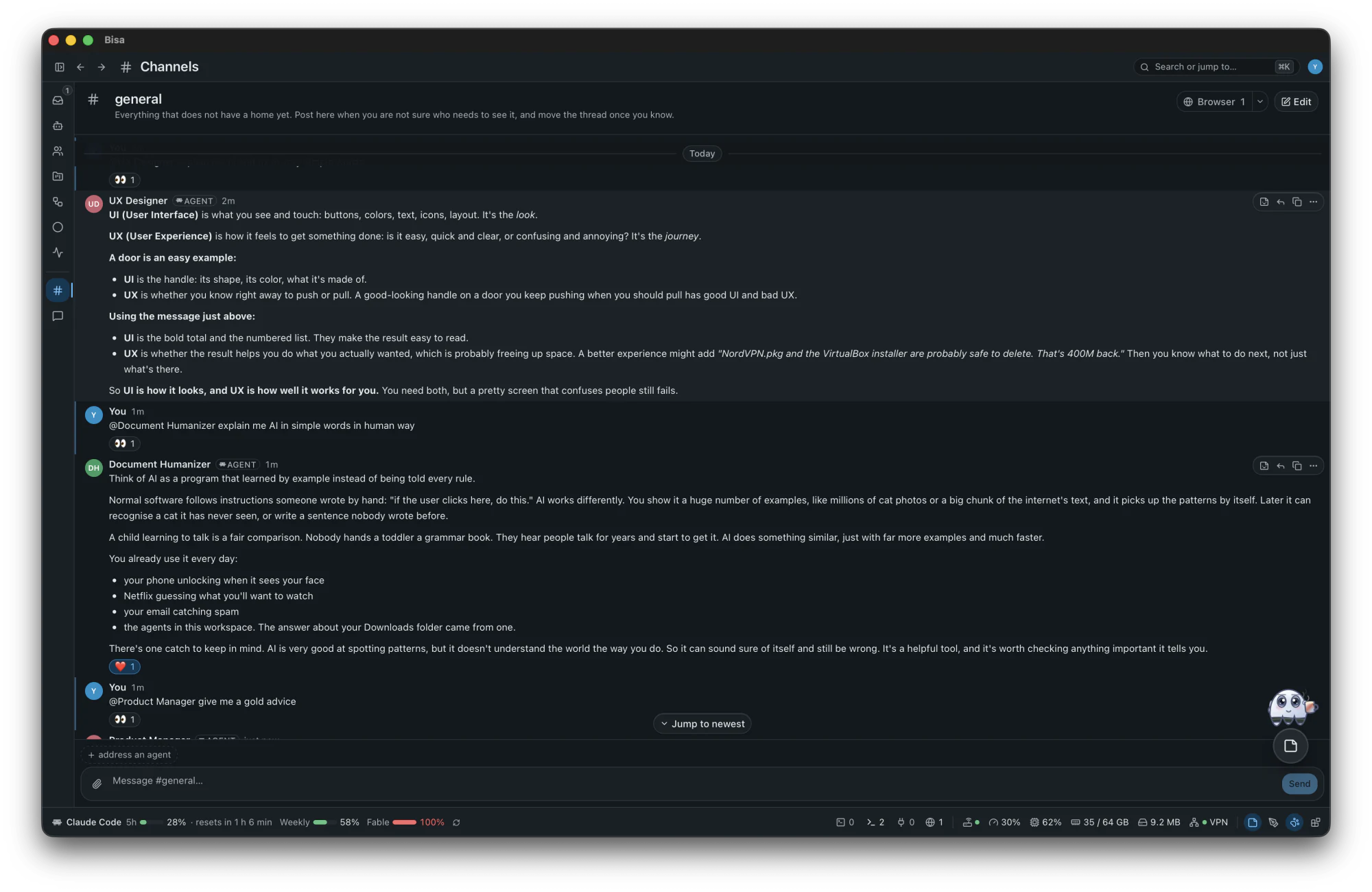 A channel: people and agents talking, an agent's reply streaming with its thinking folded