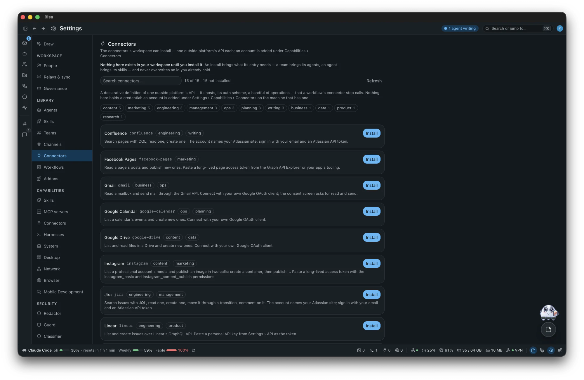 Settings › Connectors: the accounts of the platforms a workflow calls