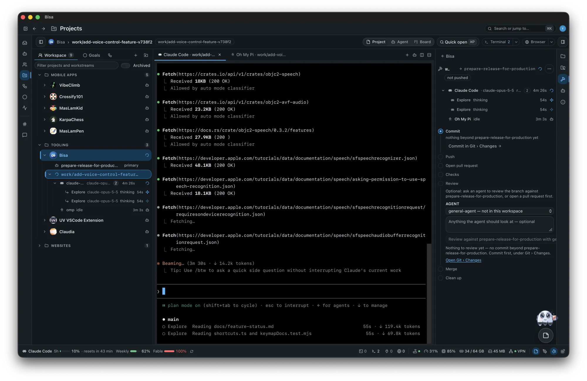 The Project IDE: projects and workstreams down the side, a harness at work in a terminal tab, and the workstream's road from commit to merge beside it