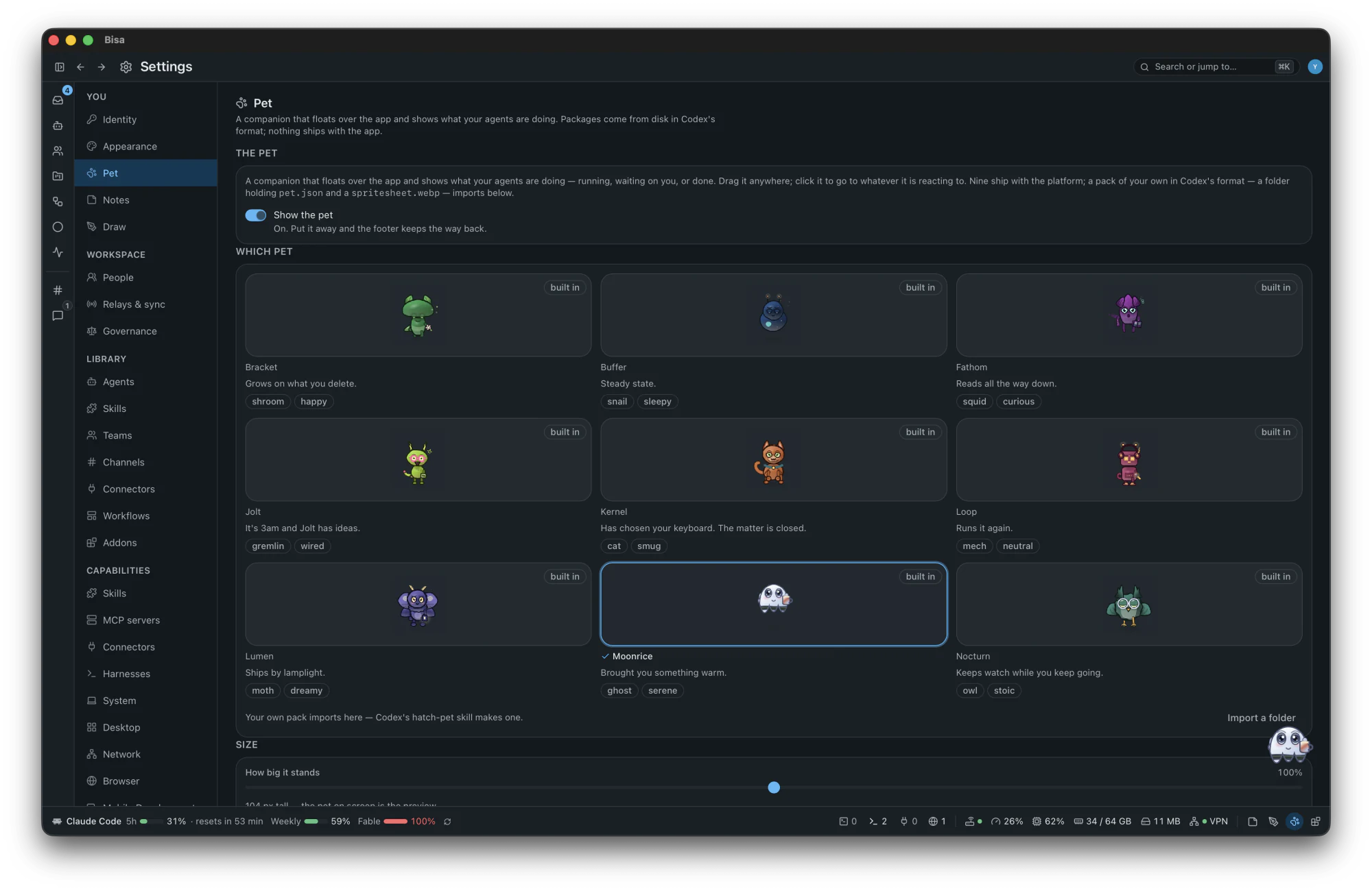 Settings › Pet: the nine pets that ship with the app, one chosen, and the pet itself in the corner