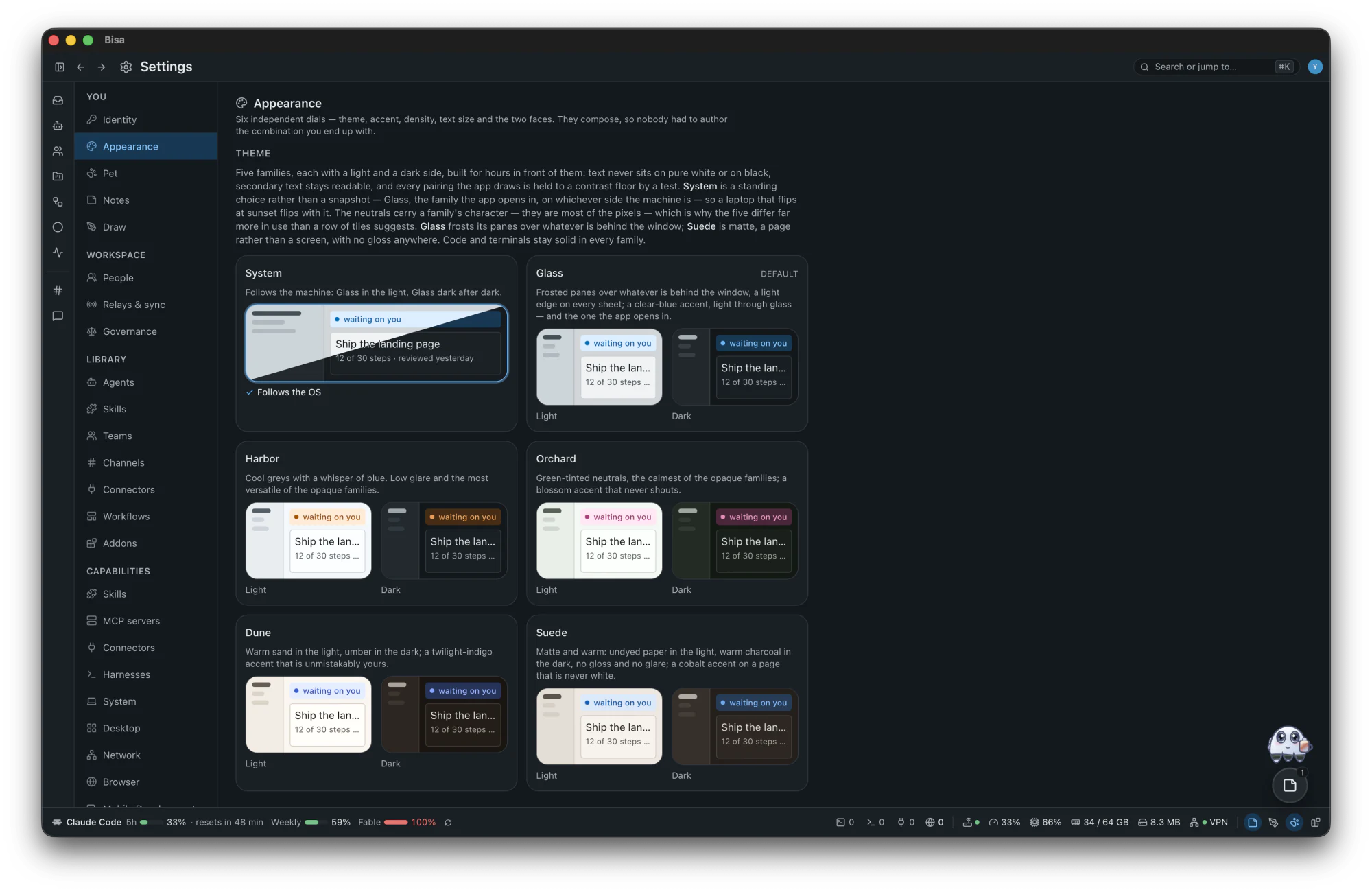 Settings: the groups down the left, one panel open