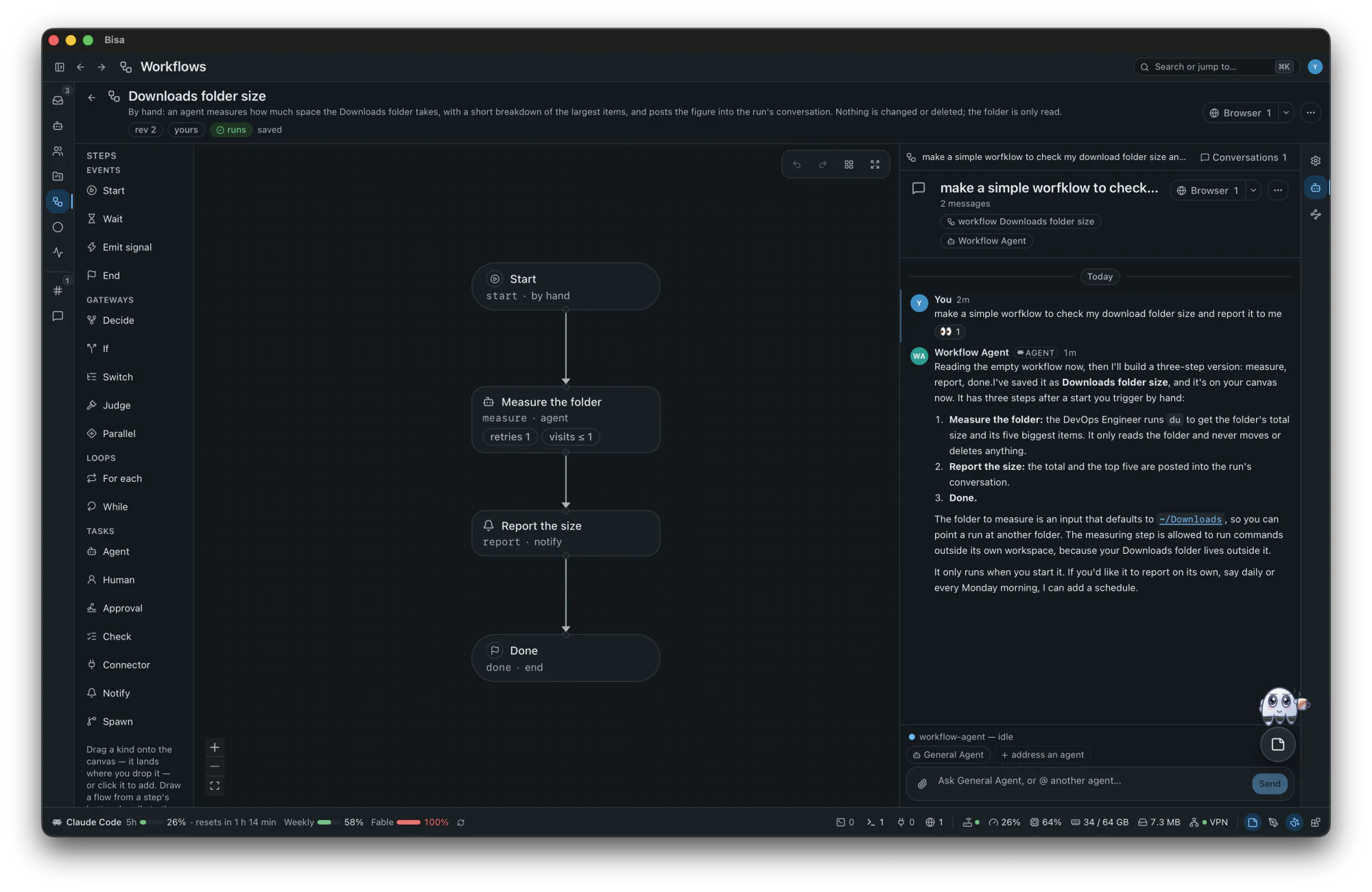 The workflow designer with the Workflow Agent in its Agent pane: asked in plain words for a workflow, it built and saved it, and the canvas shows its steps