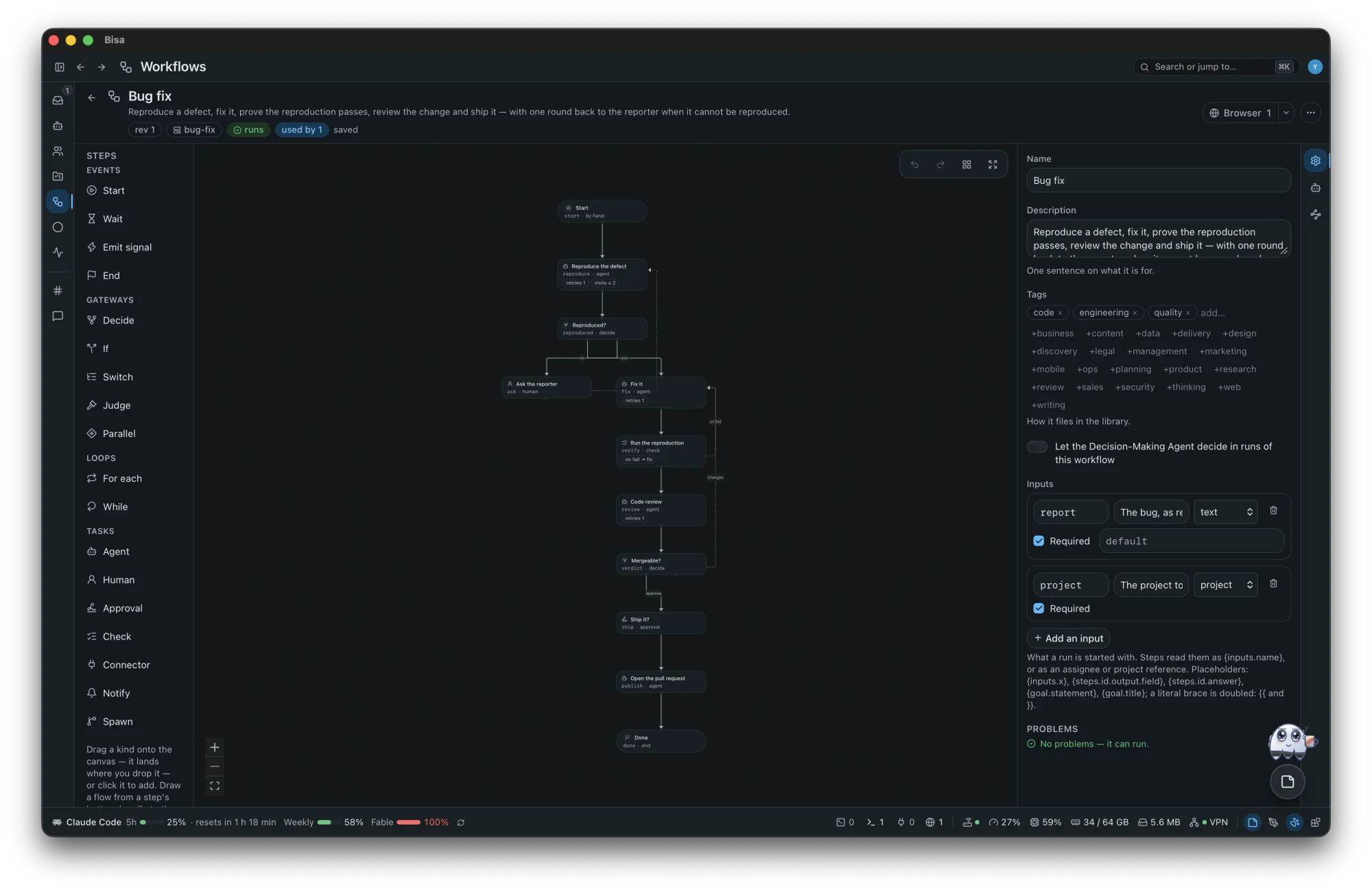 The workflow designer on the Bug fix workflow: the palette of steps on the left, the graph on the canvas, the workflow's properties and its problems on the right